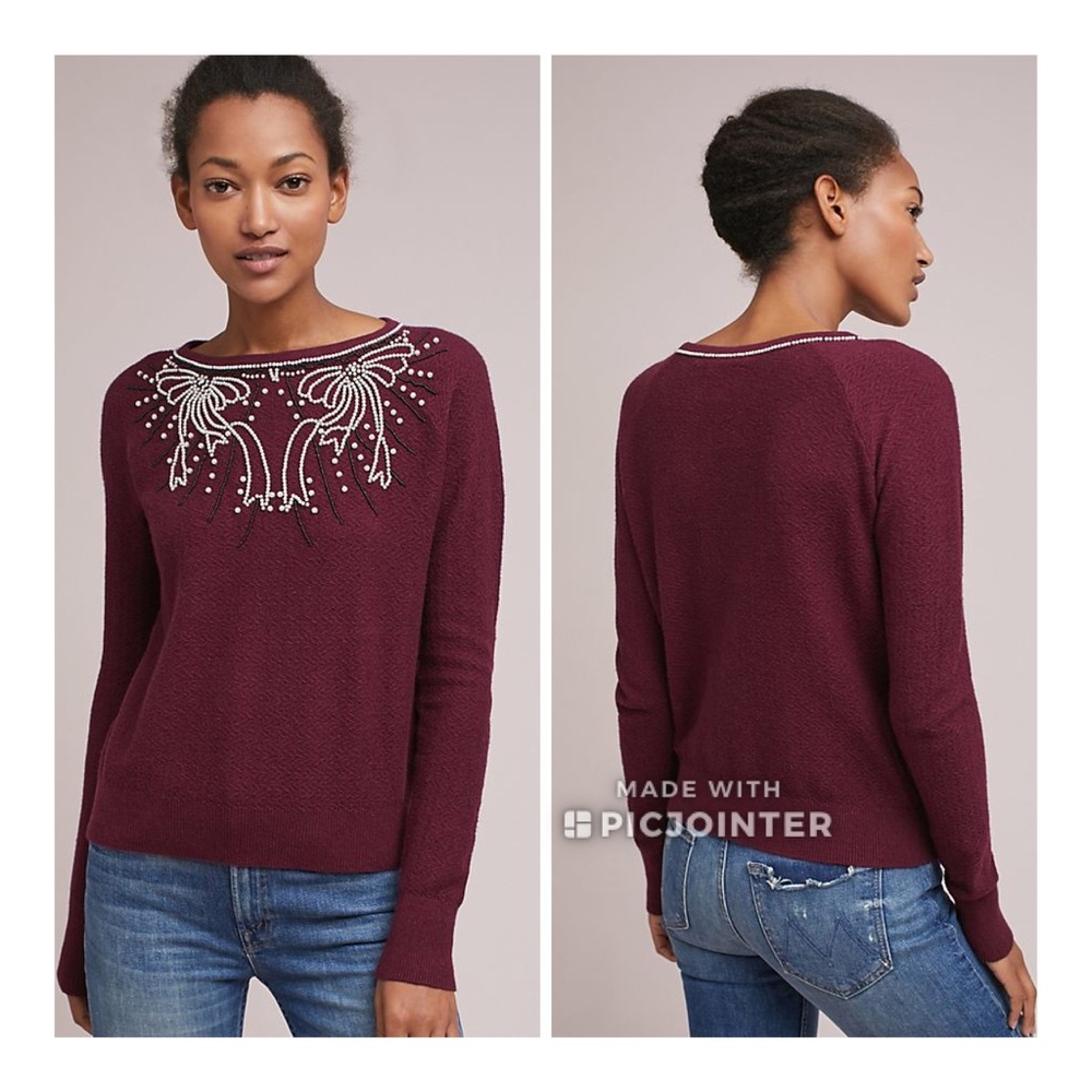 Field Flower Pearled Bow Sweater Raspberry S Anthropologie